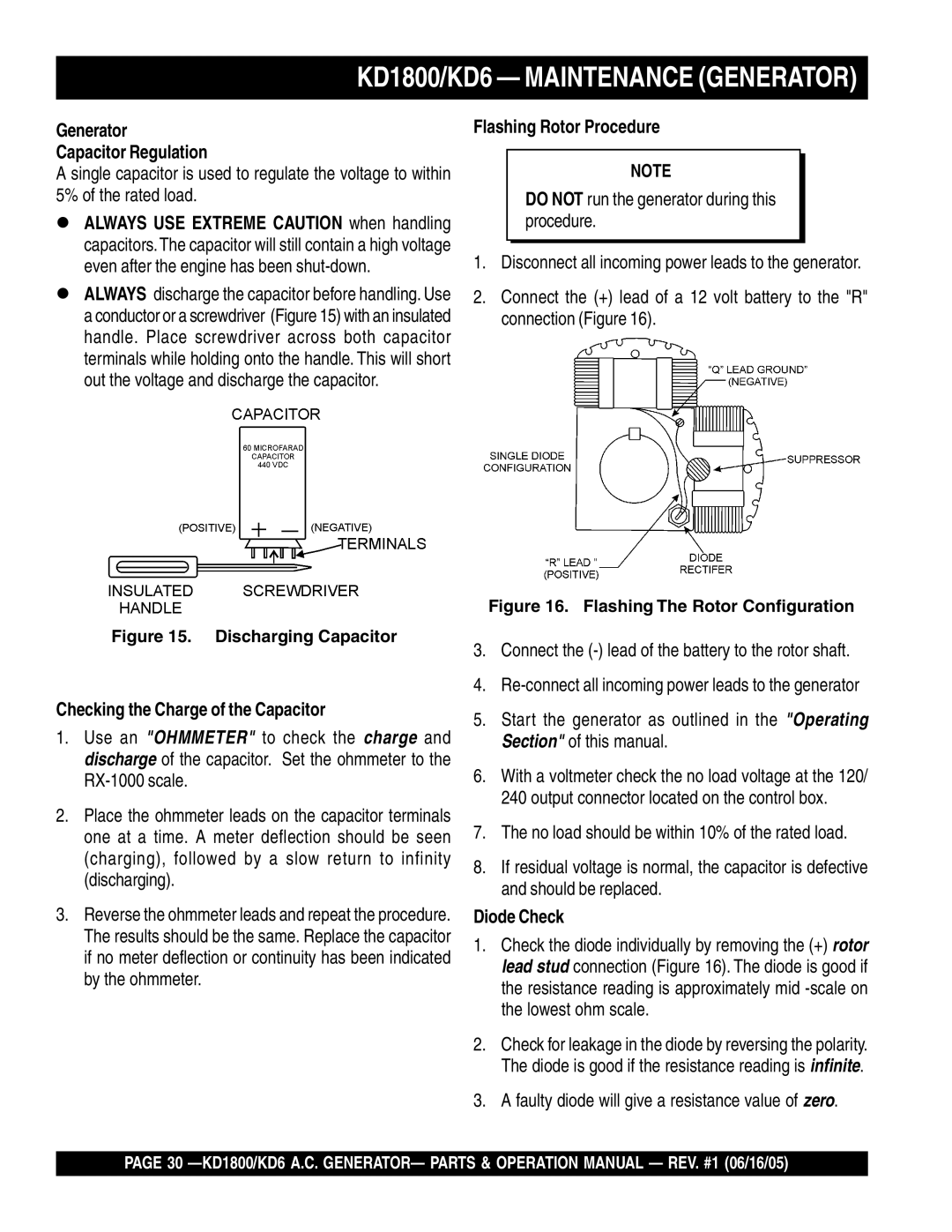 Multiquip KD1800/KD6 Maintenance Generator, Generator Capacitor Regulation, Checking the Charge of the Capacitor 