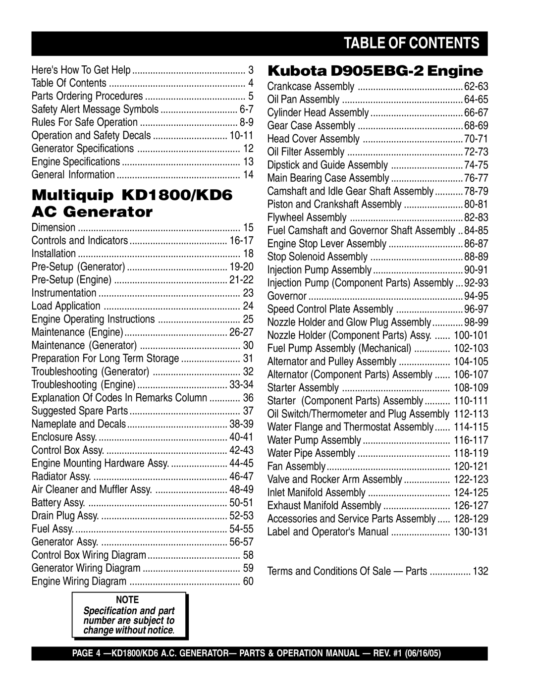 Multiquip KD1800, KD6 operation manual Table of Contents 