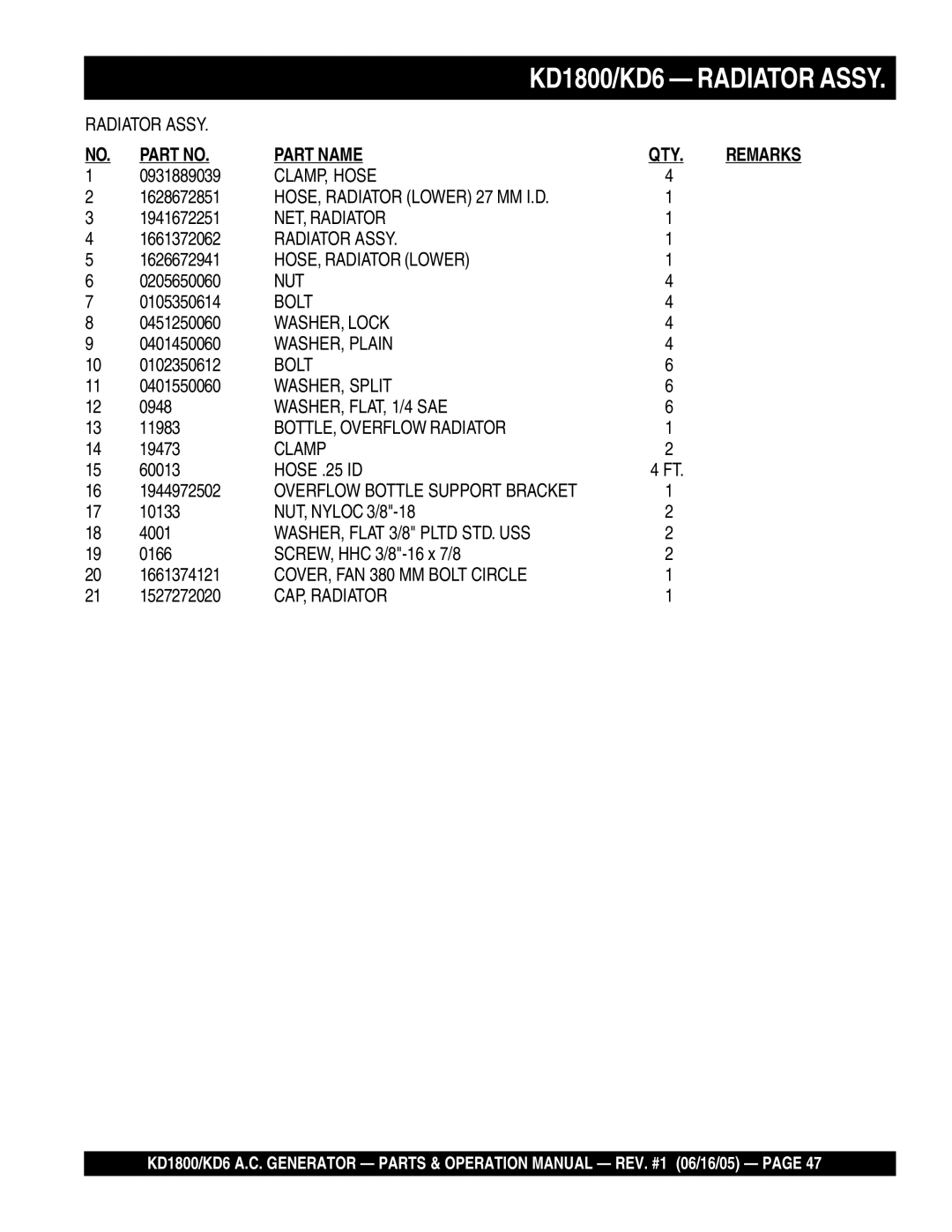 Multiquip KD6, KD1800 operation manual CLAMP, Hose 