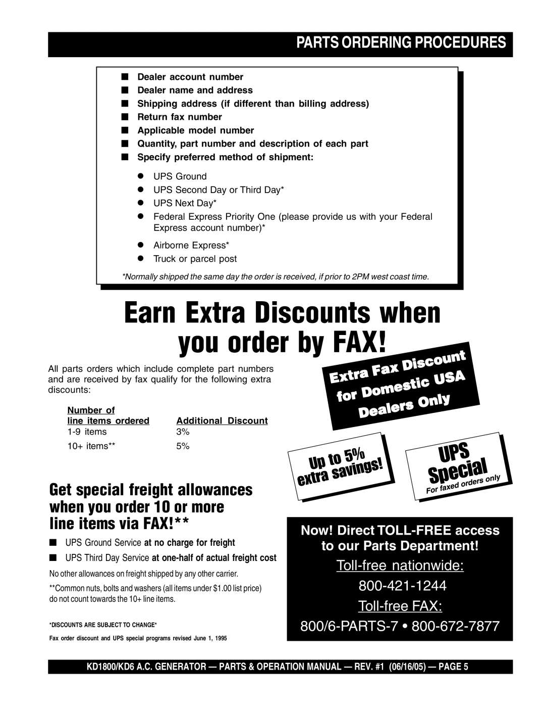 Multiquip KD6, KD1800 operation manual Earn Extra Discounts when You order by FAX, Parts Ordering Procedures 