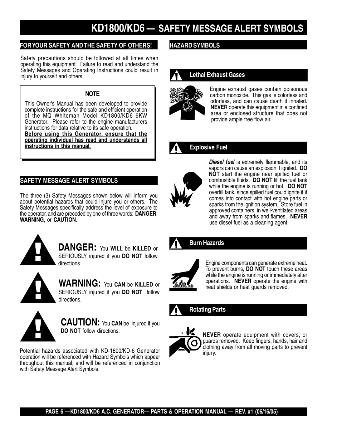 Multiquip operation manual KD1800/KD6 Safety Message Alert Symbols, Foryour Safety and the Safety of Others 