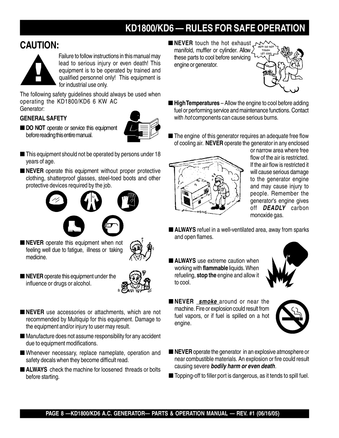 Multiquip operation manual KD1800/KD6 Rules for Safe Operation, General Safety 