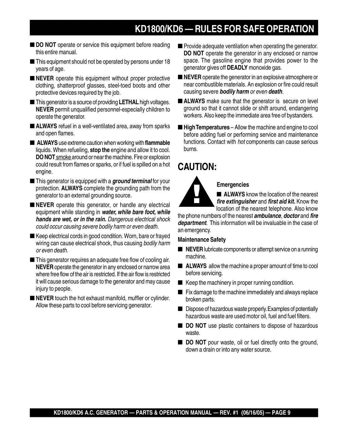 Multiquip operation manual KD1800/KD6 Rules for Safe Operation 