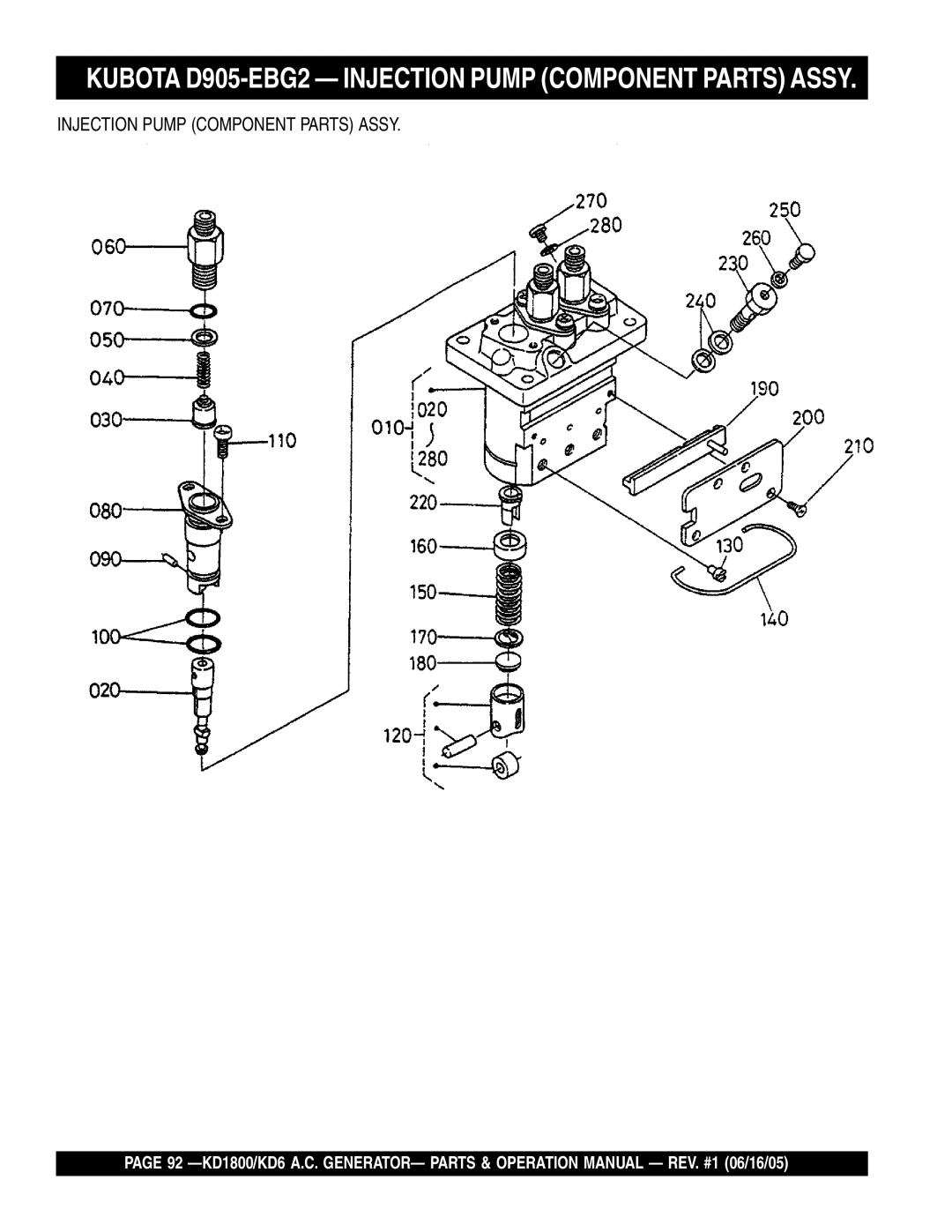 Multiquip KD1800, KD6 operation manual Kubota D905-EBG2 Injection Pump Component Parts Assy 