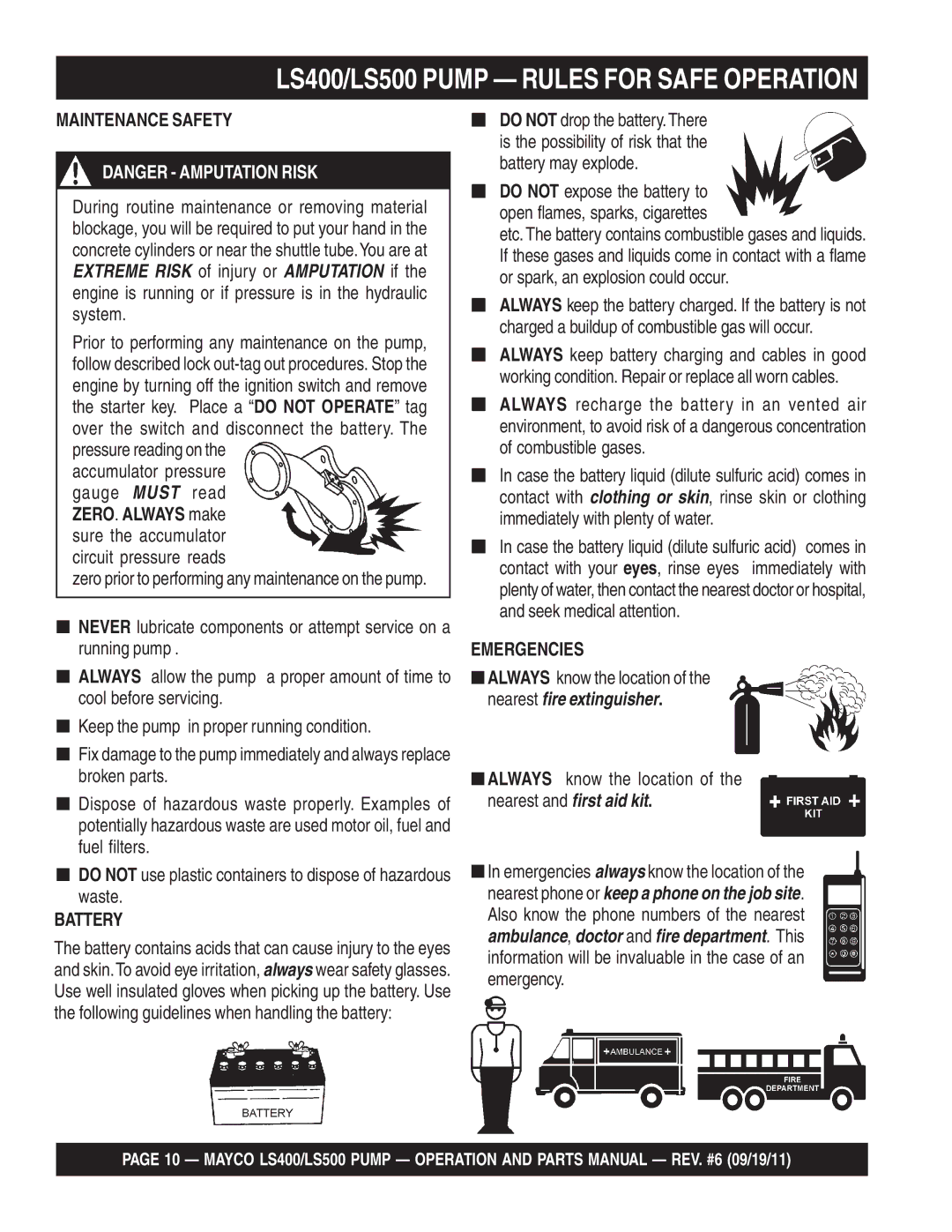 Multiquip LS400, LS500 Maintenance Safety, Battery, Emergencies, Always know the location of the nearest and first aid kit 