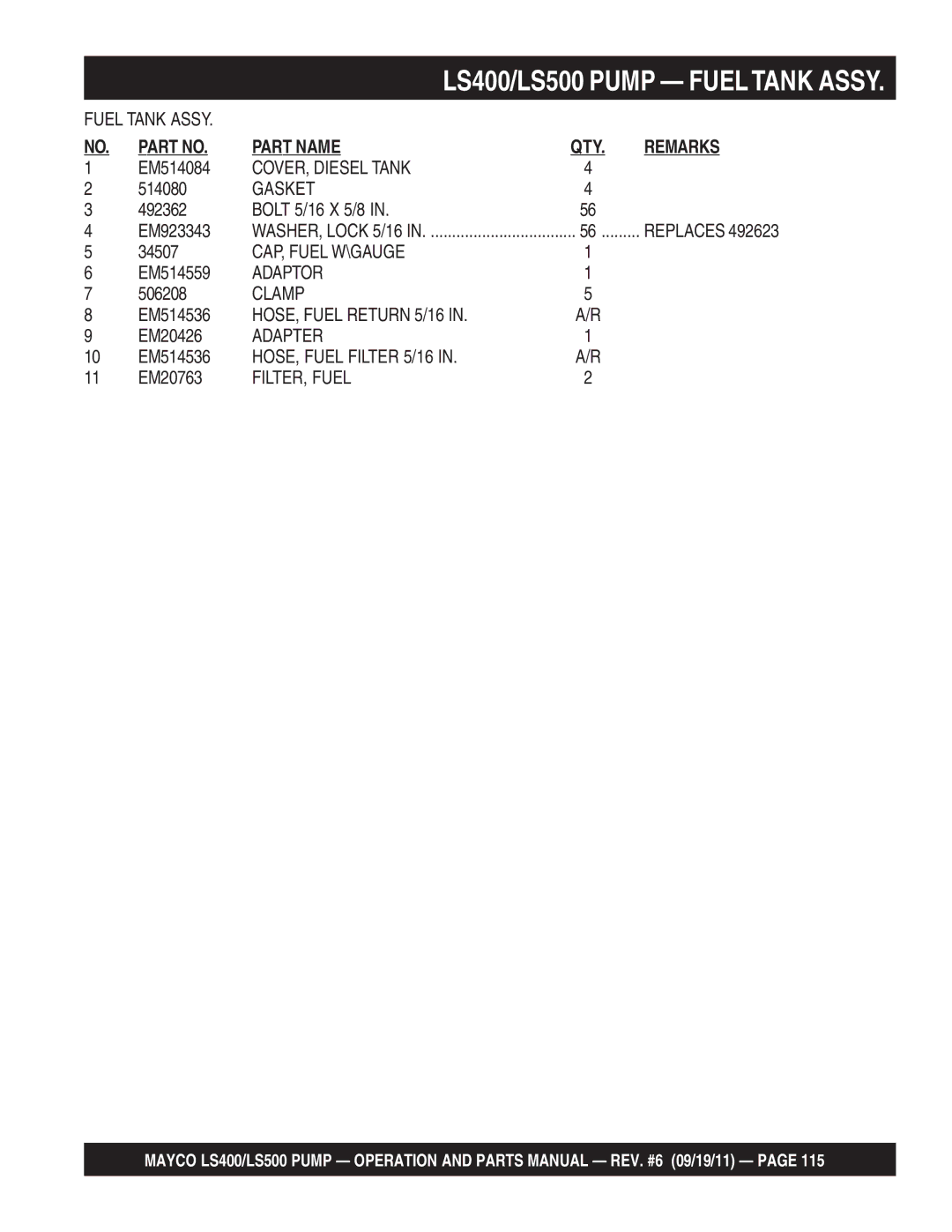 Multiquip LS500, LS400 manual COVER, Diesel Tank, Gasket, CAP, Fuel W\GAUGE, Adaptor, Clamp, HOSE, Fuel Return 5/16, Adapter 