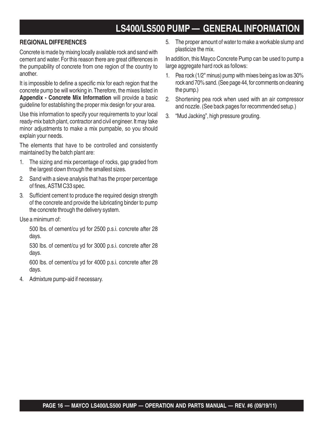 Multiquip manual LS400/LS500 Pump General Information, Regional Differences 