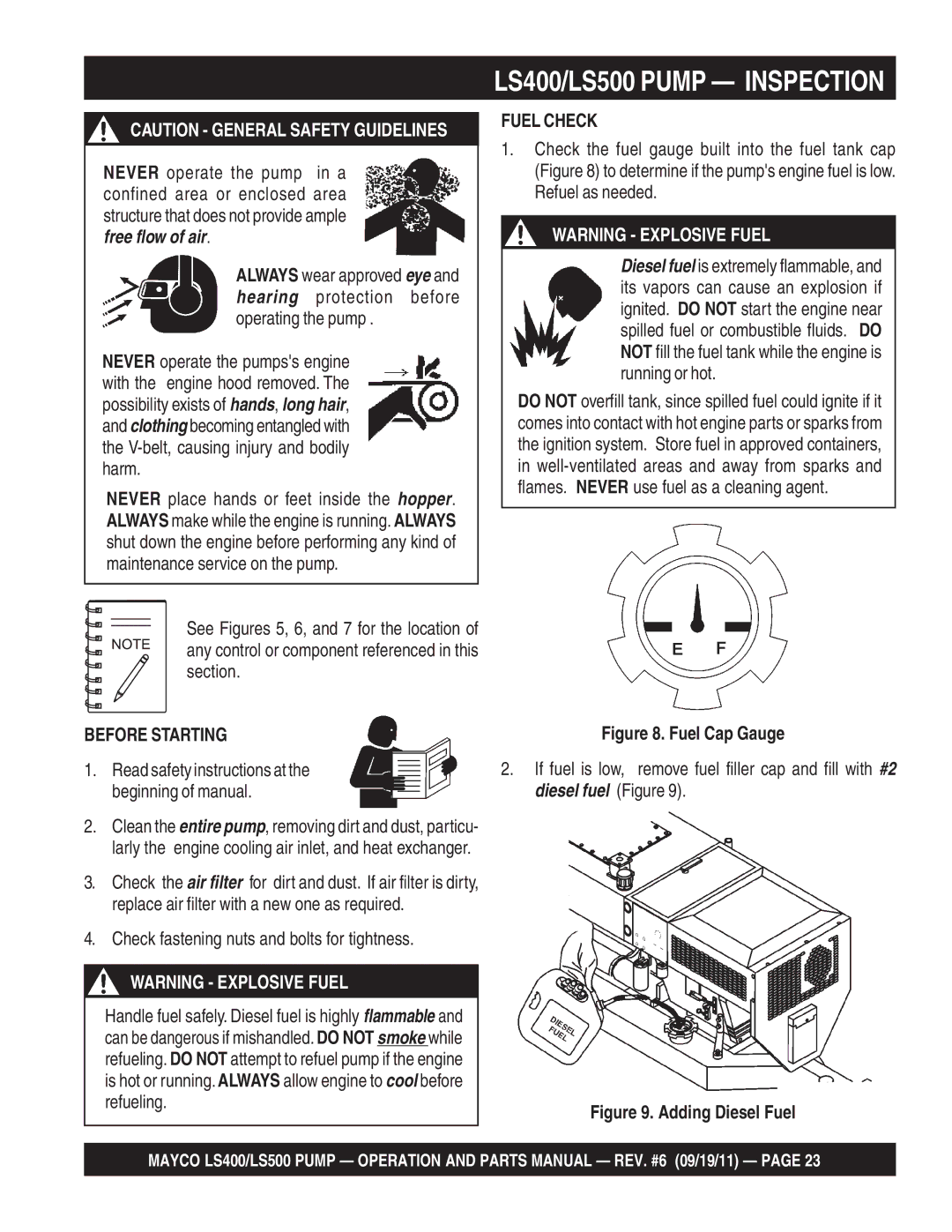 Multiquip LS500, LS400 manual Fuel Check, Before Starting, Check fastening nuts and bolts for tightness 