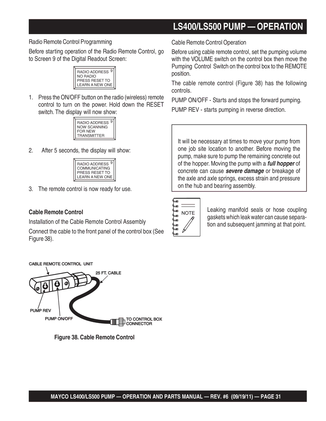 Multiquip manual LS400/LS500 Pump Operation, Cable Remote Control 
