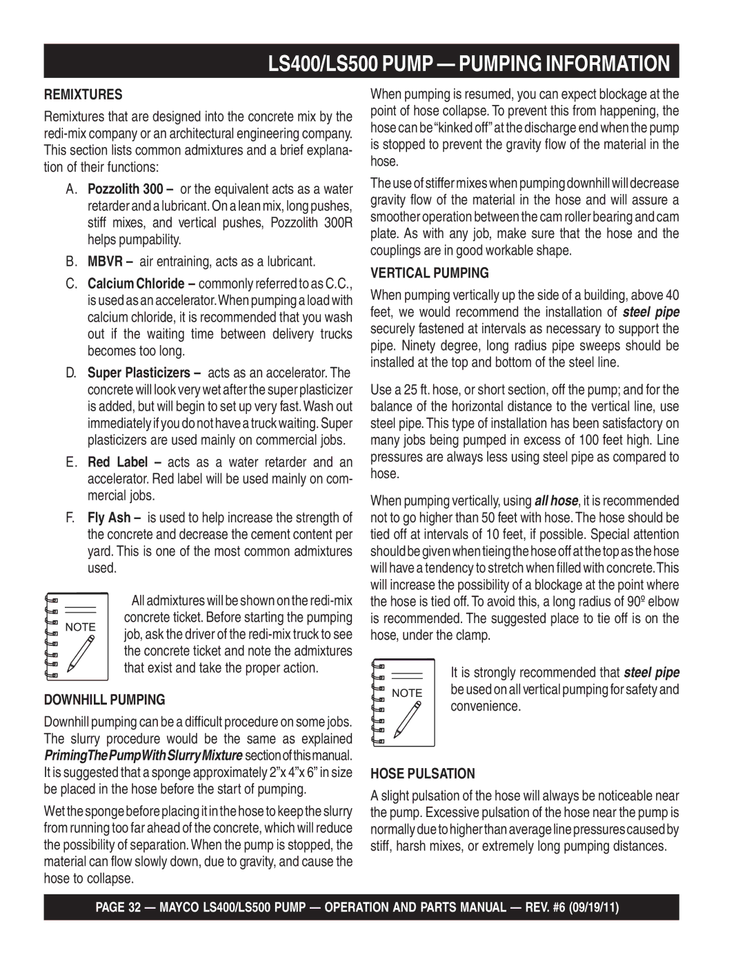Multiquip LS400, LS500 manual Remixtures, Downhill Pumping, Vertical Pumping, Hose Pulsation 
