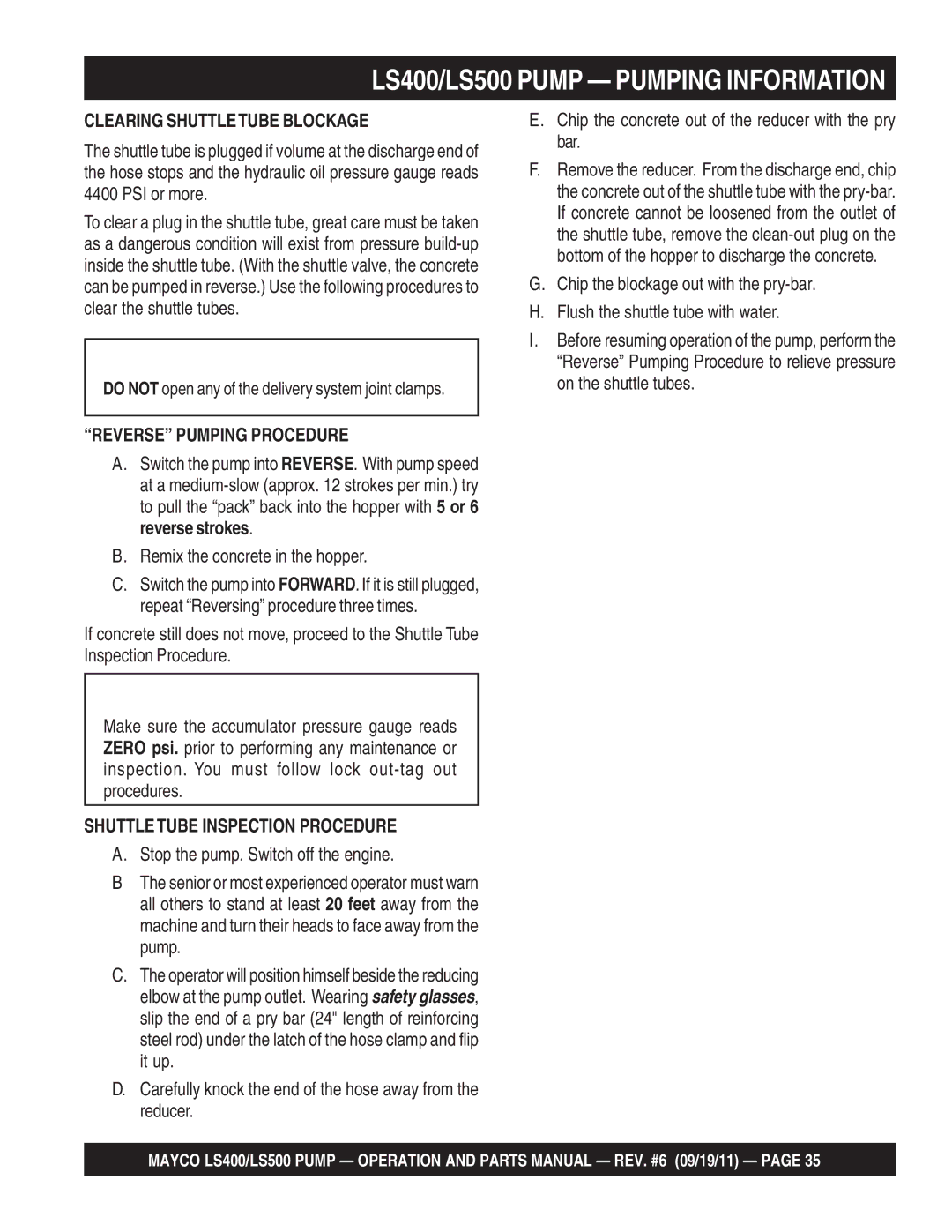 Multiquip LS500, LS400 manual Clearing Shuttletube Blockage, Reverse Pumping Procedure, Shuttle Tube Inspection Procedure 