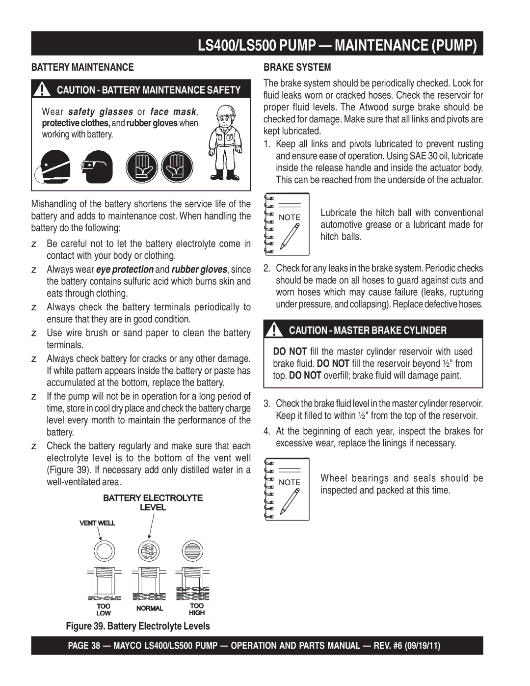 Multiquip LS400, LS500 manual Battery Maintenance, Brake System 