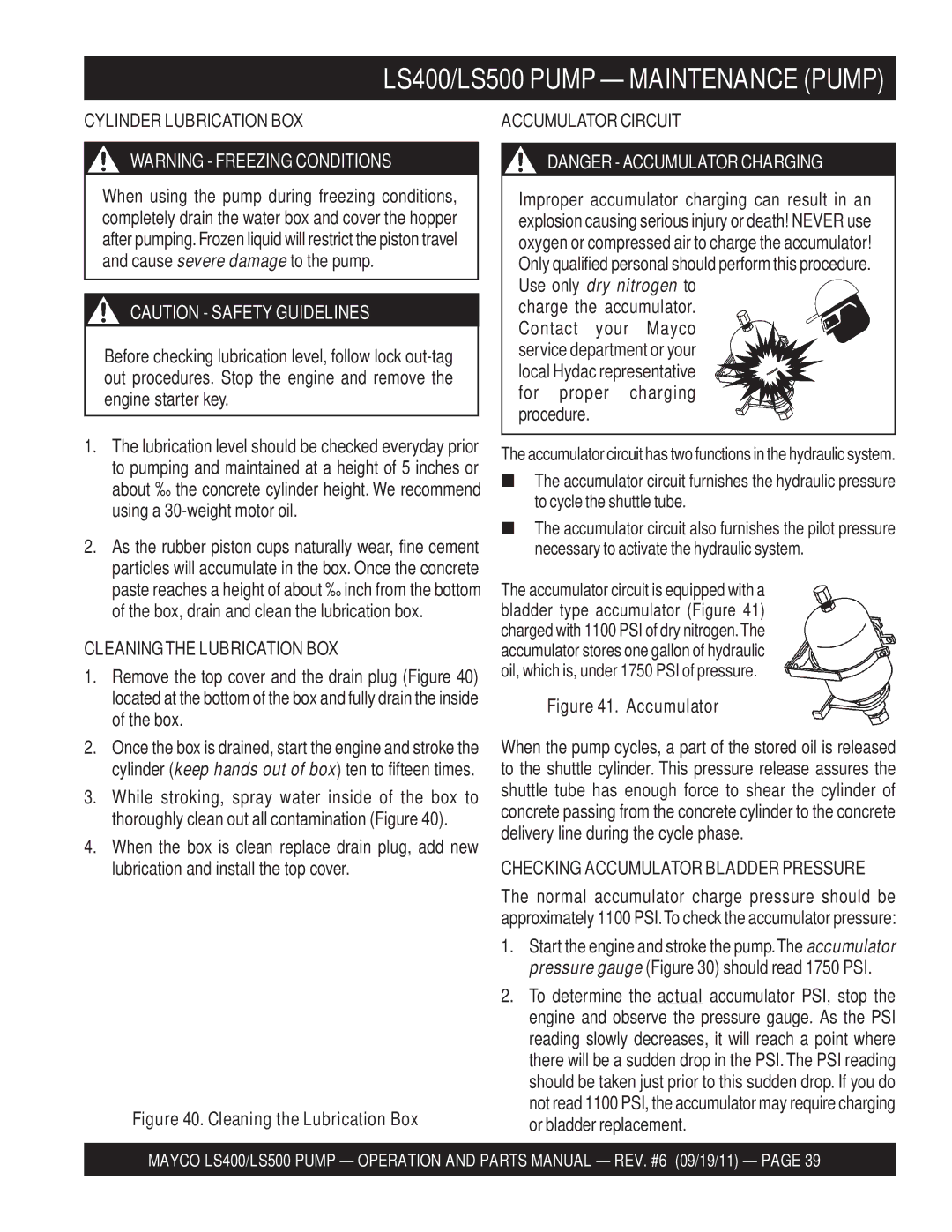 Multiquip LS500, LS400 manual Cylinder Lubrication BOX, Cleaningthe Lubrication BOX, Accumulator Circuit 