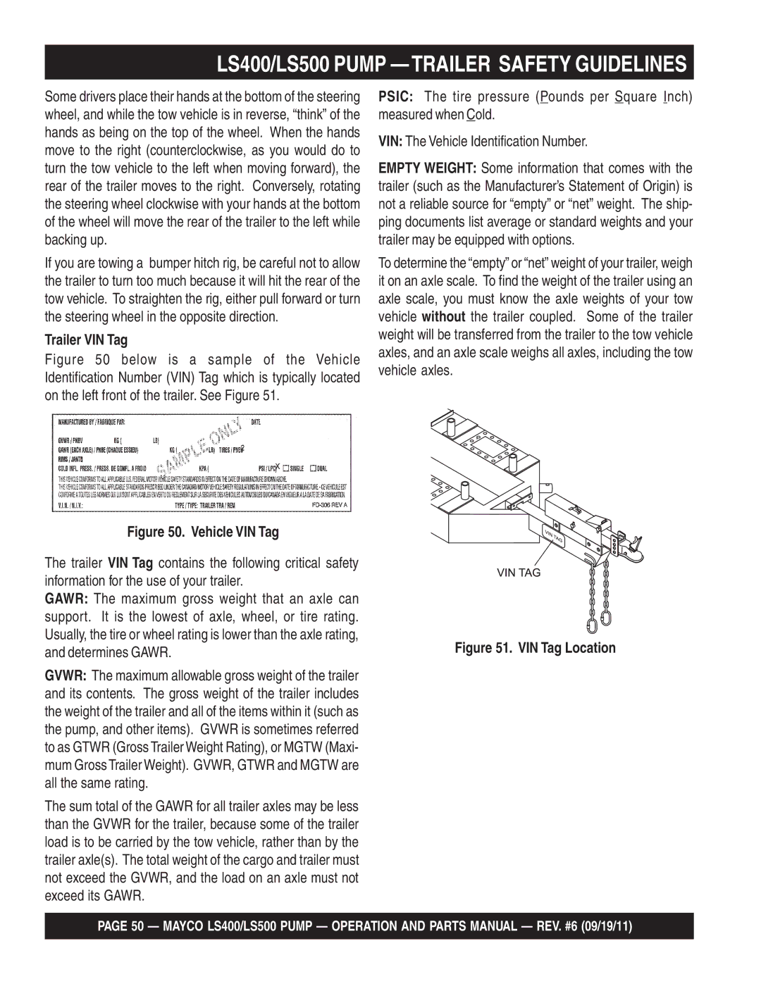 Multiquip manual LS400/LS500 Pump Trailer Safety Guidelines, Trailer VIN Tag 