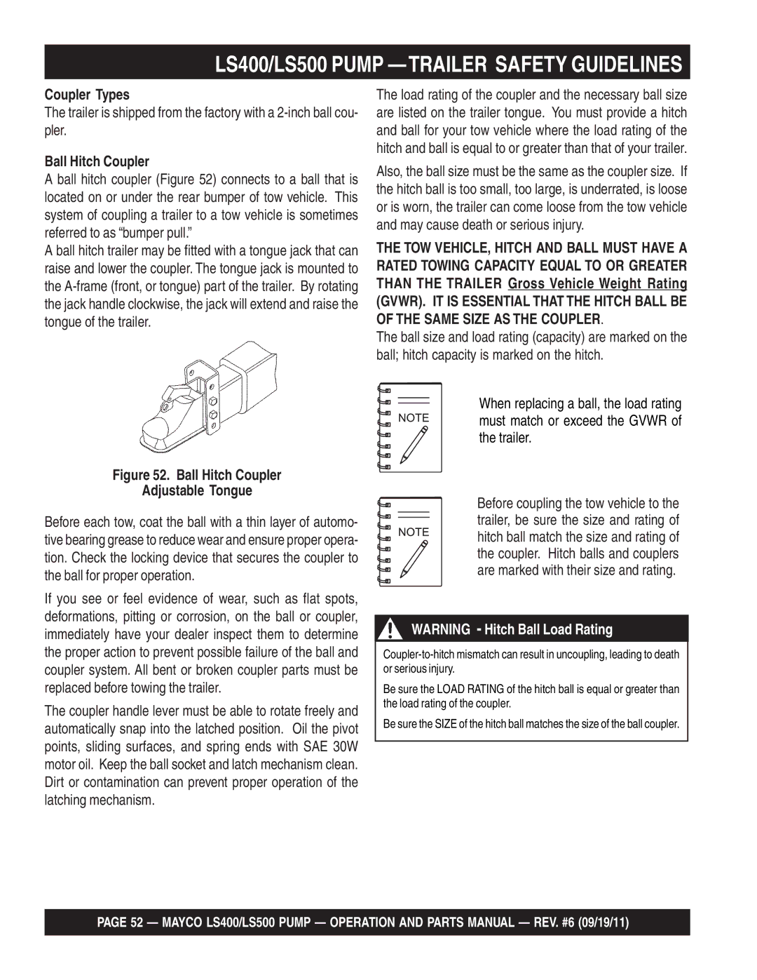 Multiquip LS400, LS500 manual Coupler Types, Ball Hitch Coupler 