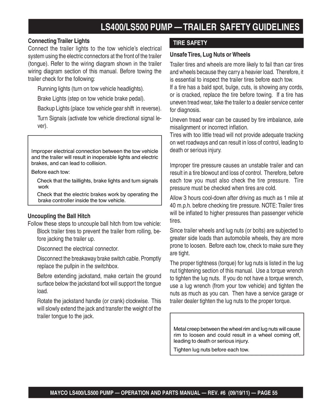 Multiquip manual LS400/LS500 Pump Trailer Safety Guidelines, Connecting Trailer Lights, Uncoupling the Ball Hitch 