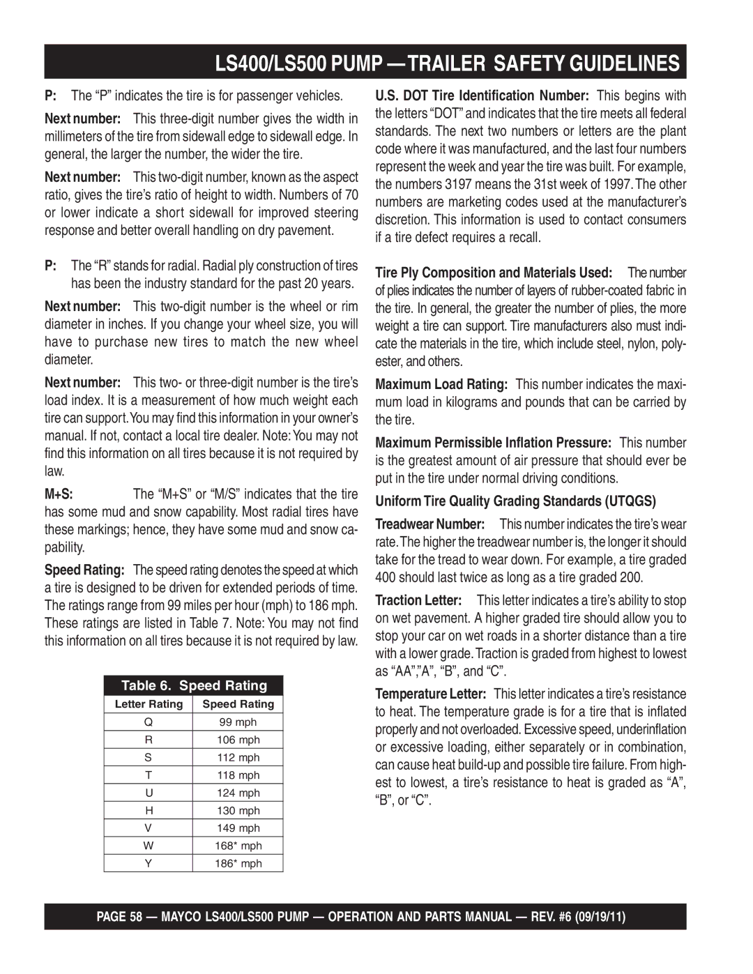 Multiquip LS400, LS500 manual Uniform Tire Quality Grading Standards Utqgs, P indicates the tire is for passenger vehicles 