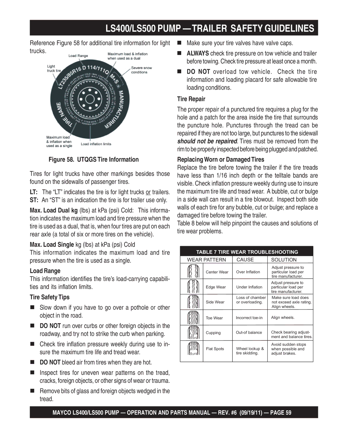 Multiquip LS500, LS400 manual Tire Repair, Replacing Worn or Damaged Tires, Load Range, Tire Safety Tips 