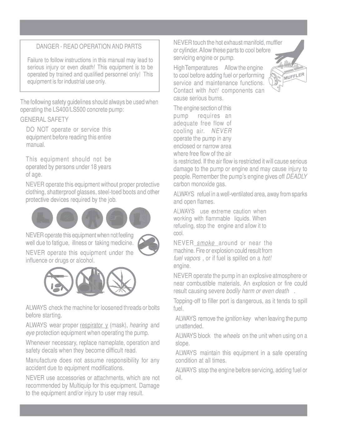 Multiquip manual LS400/LS500 Pump Rules for Safe Operation, General Safety 