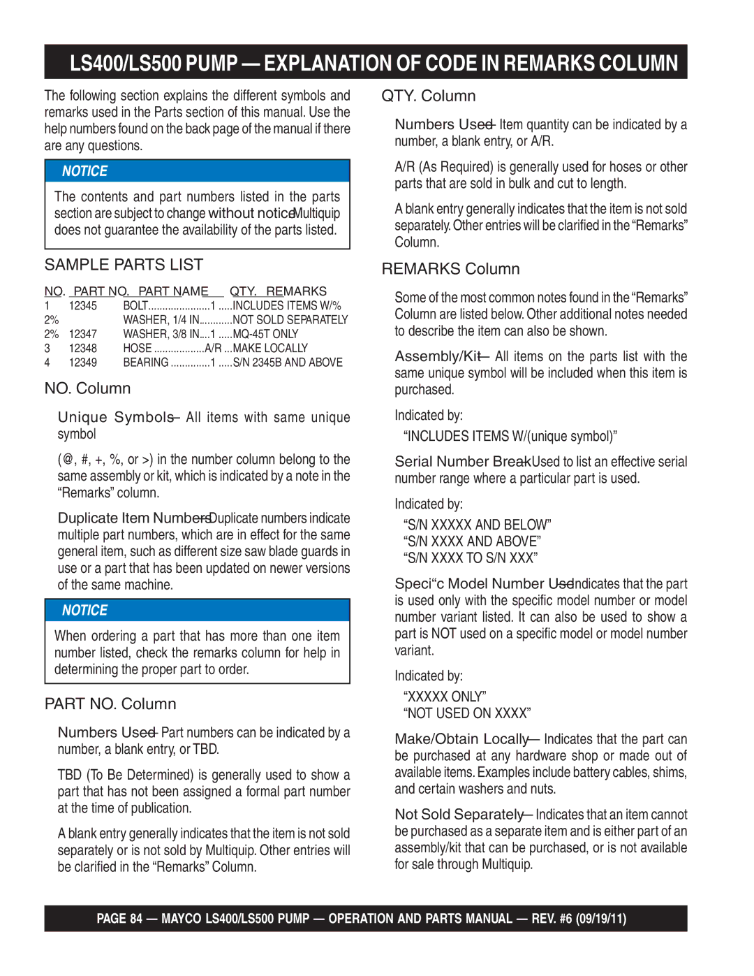 Multiquip manual LS400/LS500 Pump Explanation of Code in Remarks Column, Xxxxx only Not Used on 