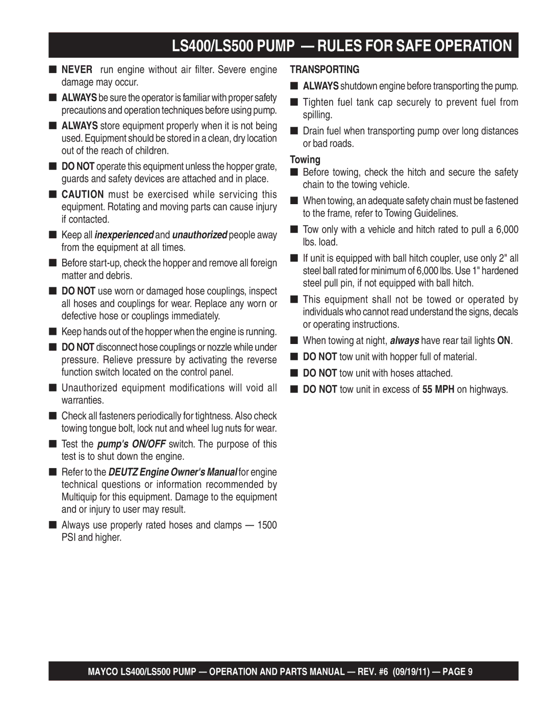 Multiquip manual LS400/LS500 Pump Rules for Safe Operation, Transporting, Towing 