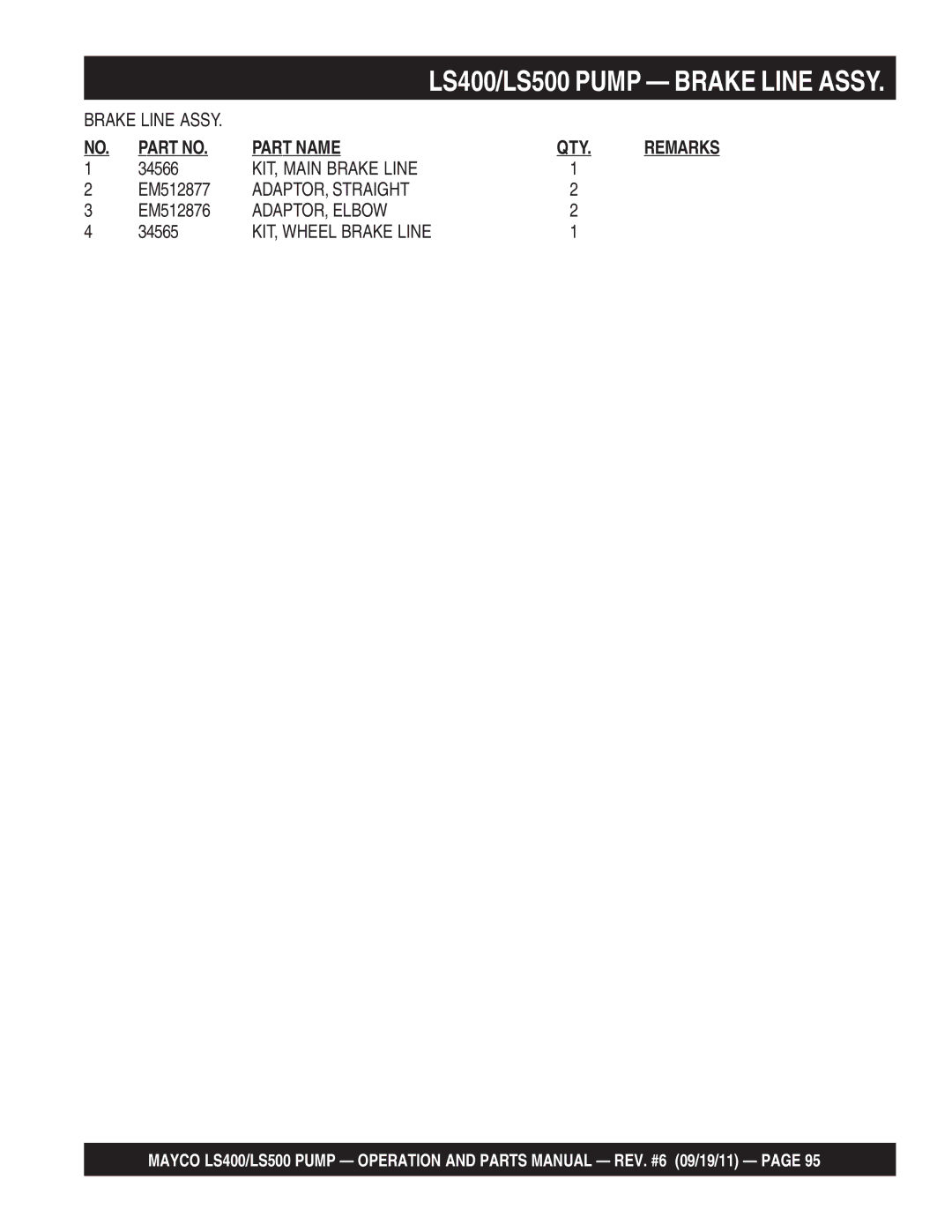 Multiquip LS500, LS400 manual KIT, Main Brake Line 