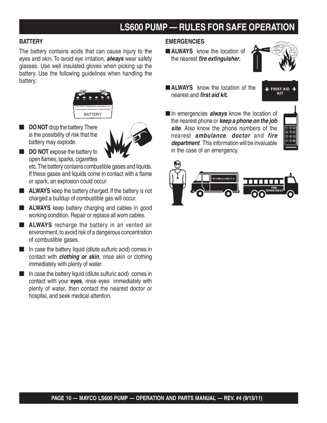 Multiquip LS600 manual Battery, Emergencies, Always know the location of the nearest and first aid kit 