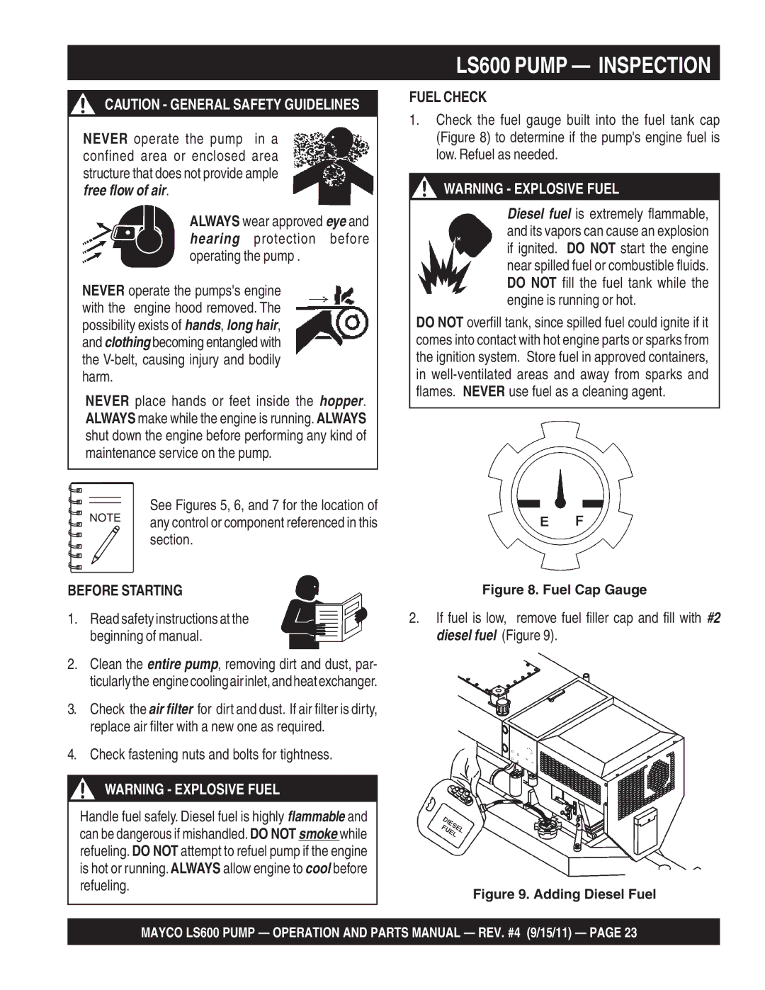 Multiquip manual LS600 Pump Inspection, Fuel Check, Before Starting, Check fastening nuts and bolts for tightness 