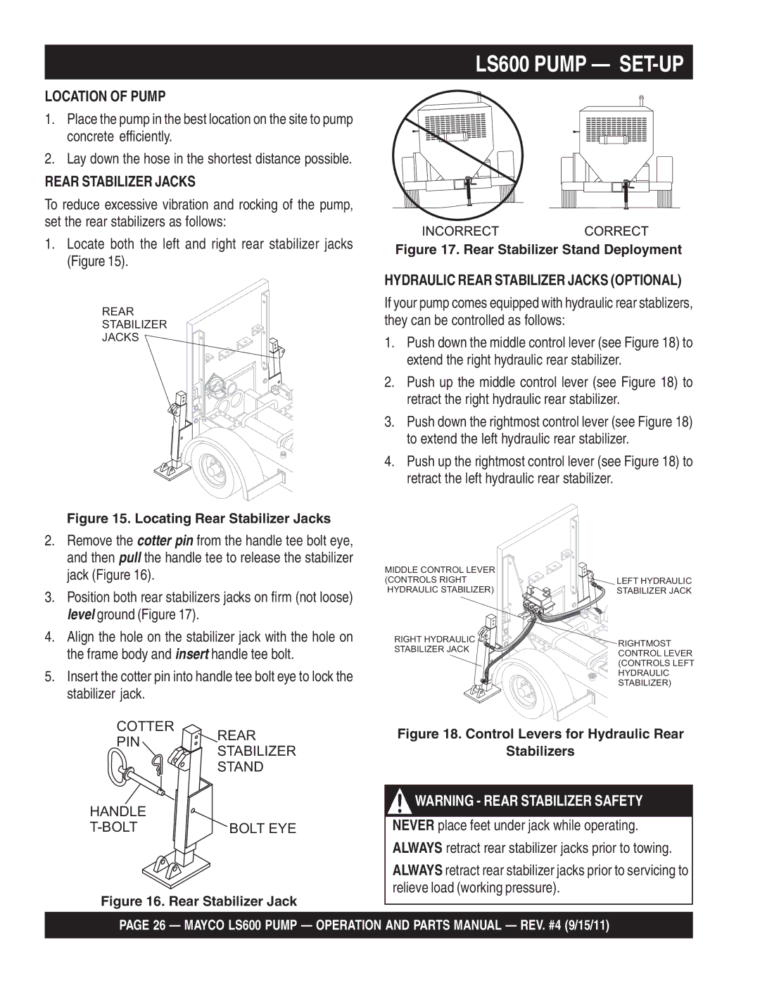 Multiquip manual LS600 Pump SET-UP, Location of Pump, Hydraulic Rear Stabilizer Jacks Optional 