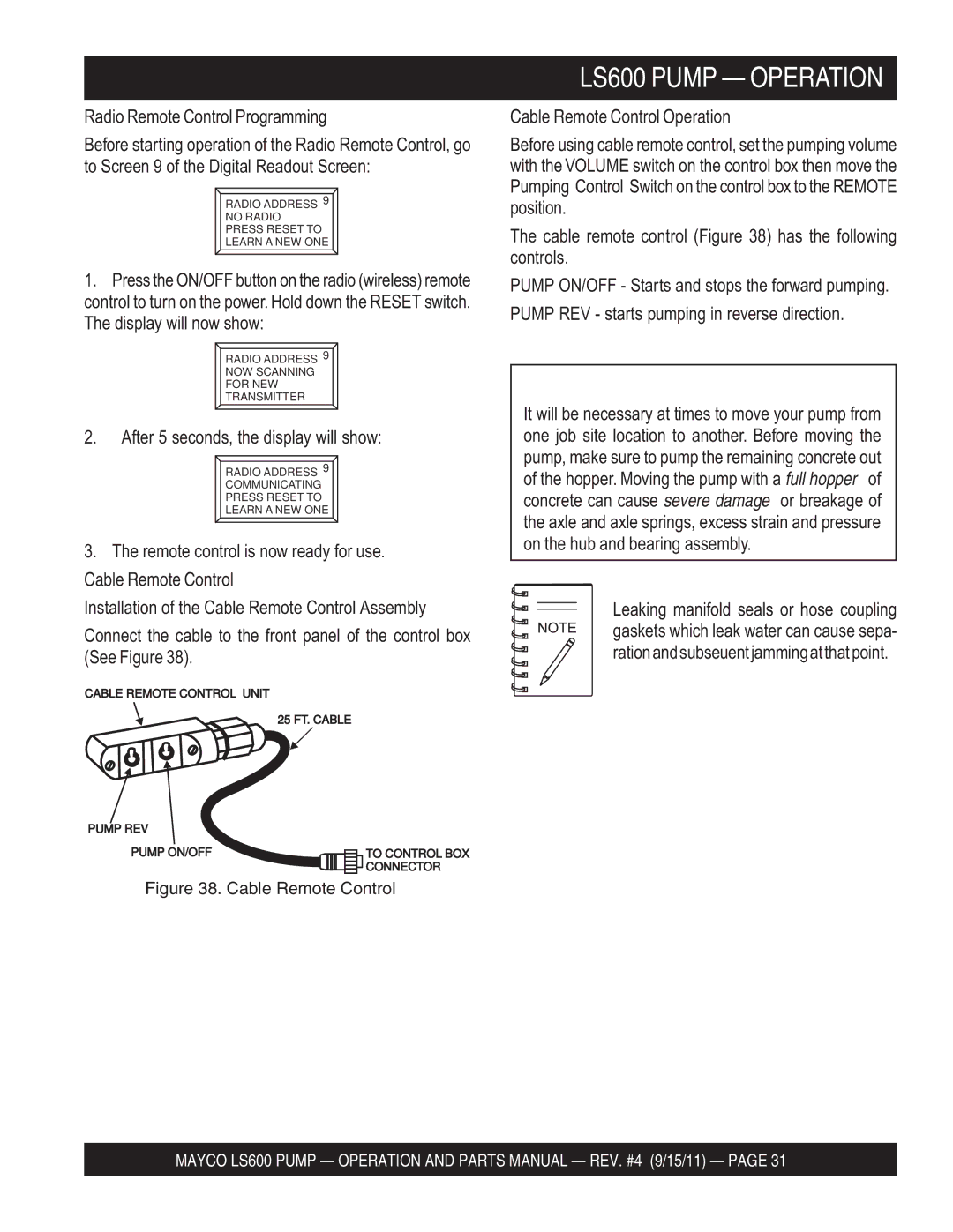 Multiquip manual LS600 Pump Operation, Cable Remote Control Operation 