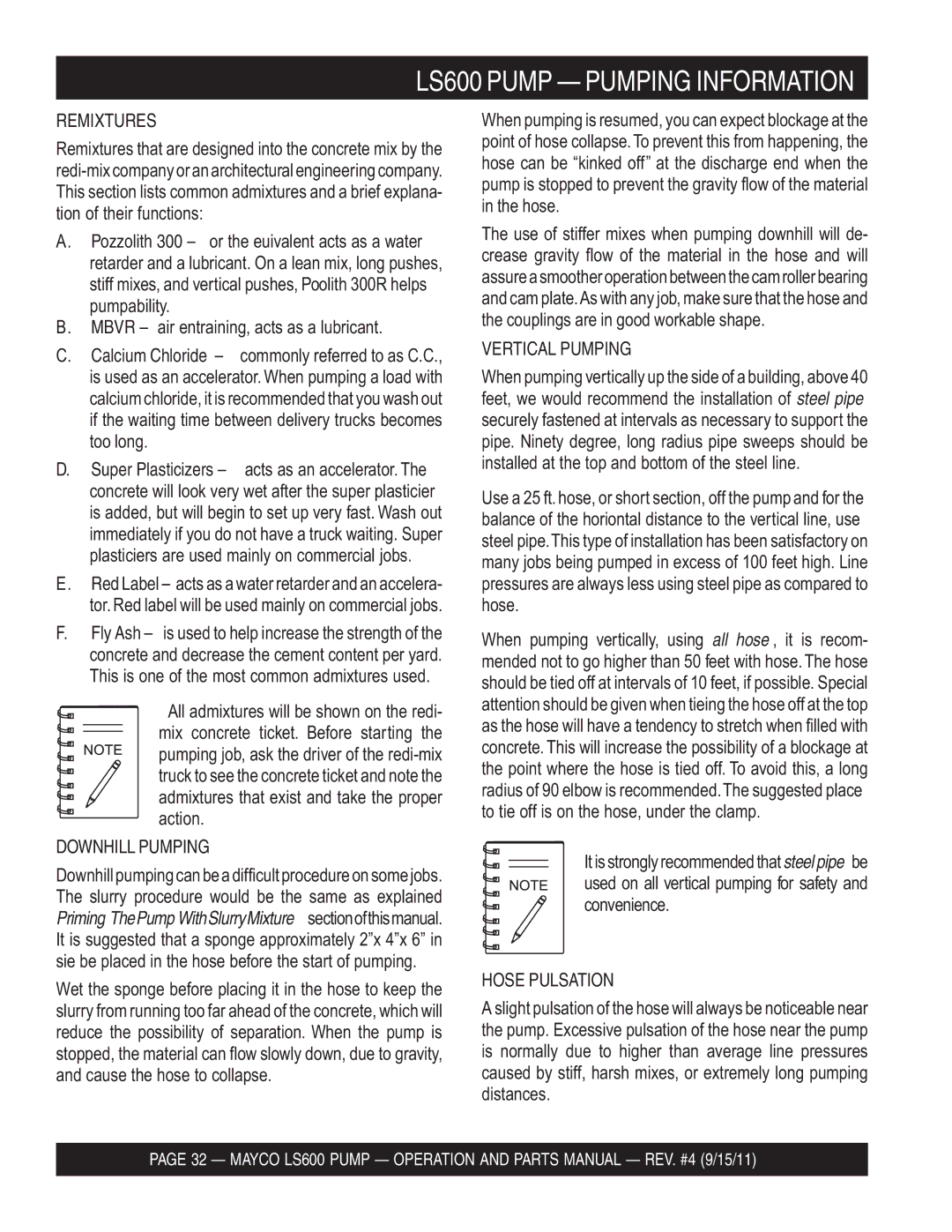 Multiquip manual LS600 Pump Pumping Information, Remixtures, Downhill Pumping, Vertical Pumping, Hose Pulsation 