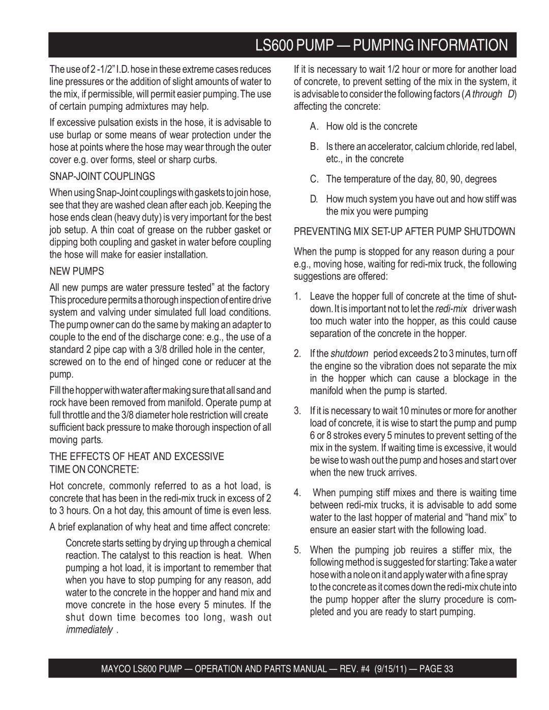 Multiquip manual LS600 Pump Pumping Information, SNAP-JOINT Couplings, NEW Pumps 