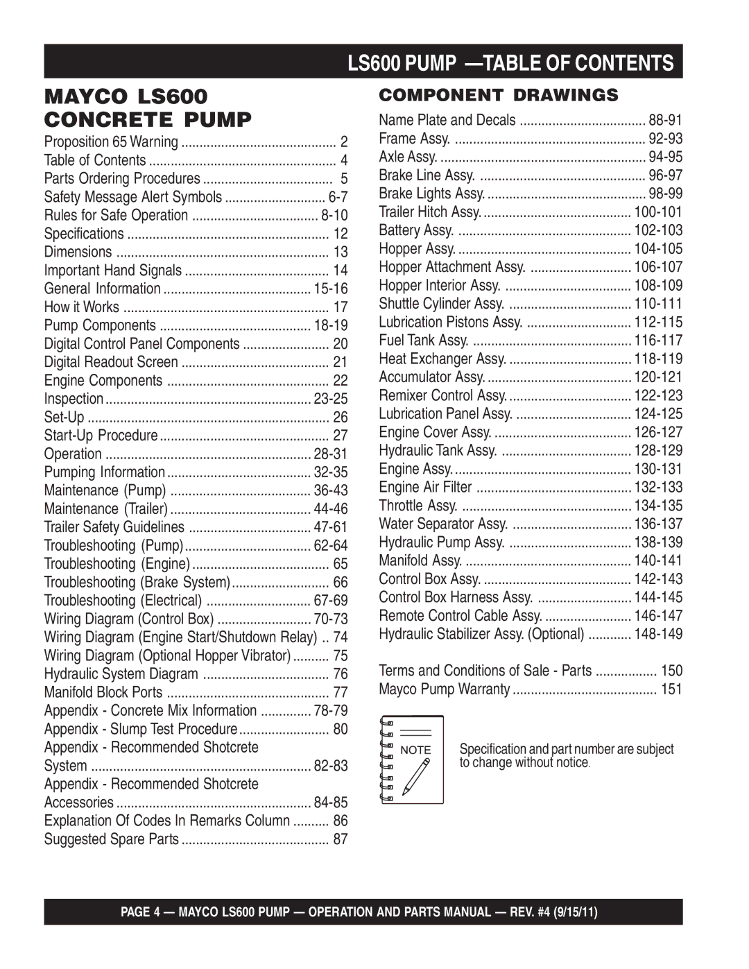 Multiquip manual LS600 Pump -TABLE of Contents 