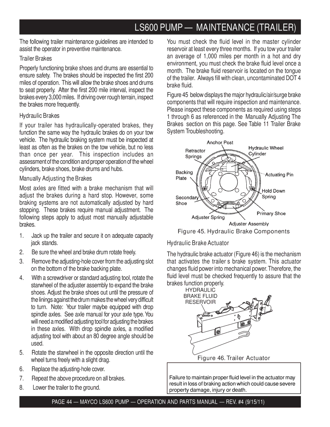 Multiquip manual LS600 Pump Maintenance Trailer, Trailer Brakes, Hydraulic Brakes, Manually Adjusting the Brakes 