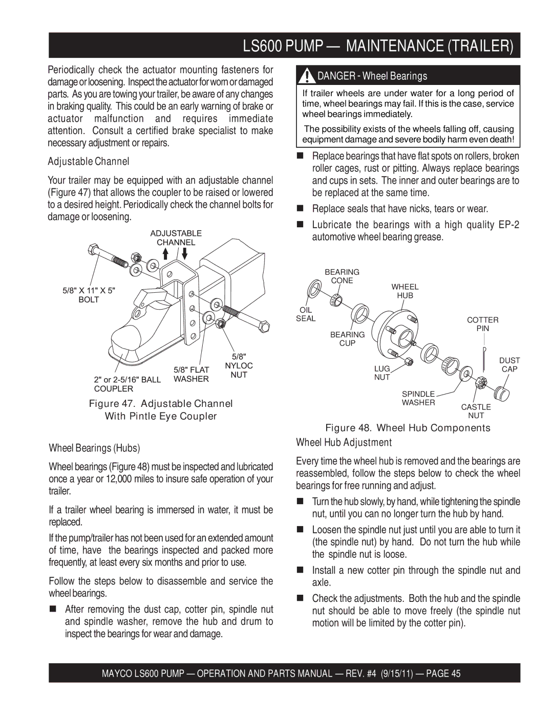 Multiquip manual LS600 Pump Maintenance Trailer, Adjustable Channel, Wheel Bearings Hubs, Wheel Hub Adjustment 