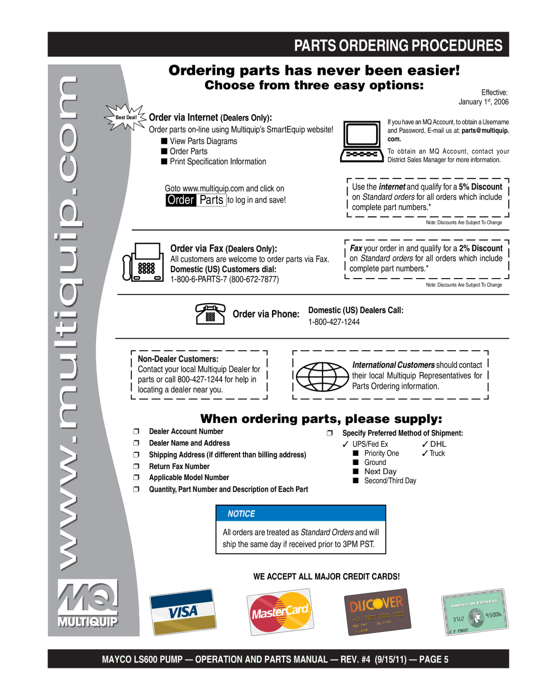 Multiquip LS600 manual Parts Ordering Procedures, Ordering parts has never been easier 