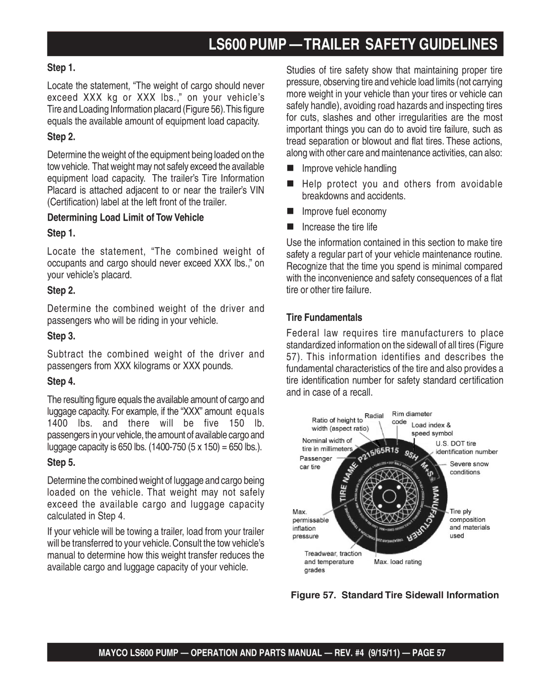 Multiquip LS600 manual Determining Load Limit of Tow Vehicle Step, Tire Fundamentals 