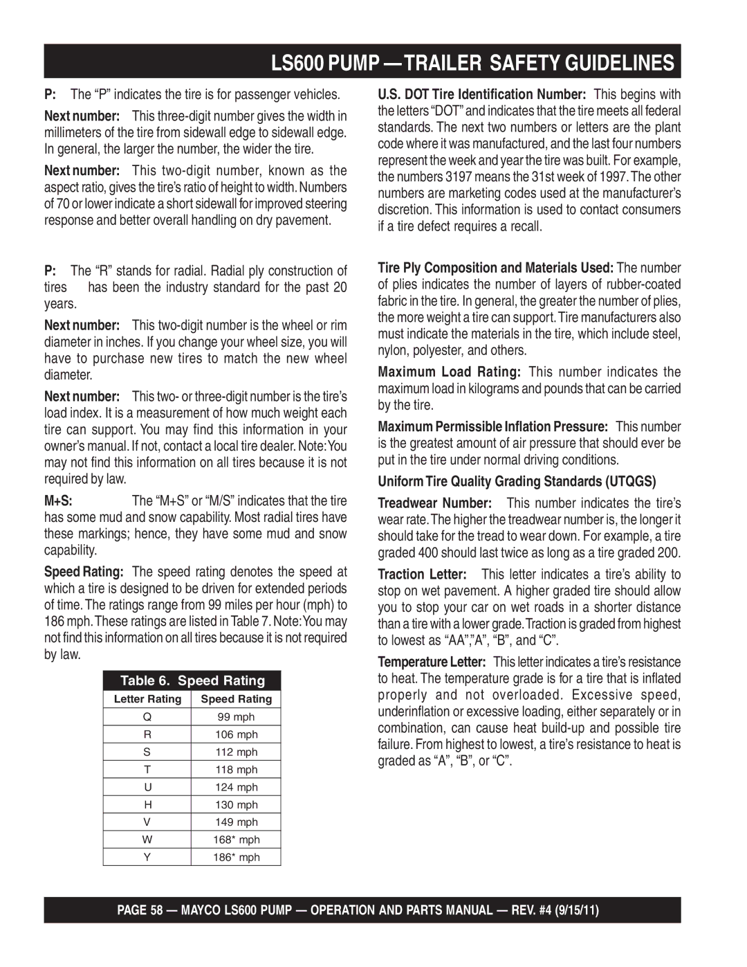 Multiquip LS600 manual Tires, Uniform Tire Quality Grading Standards Utqgs 