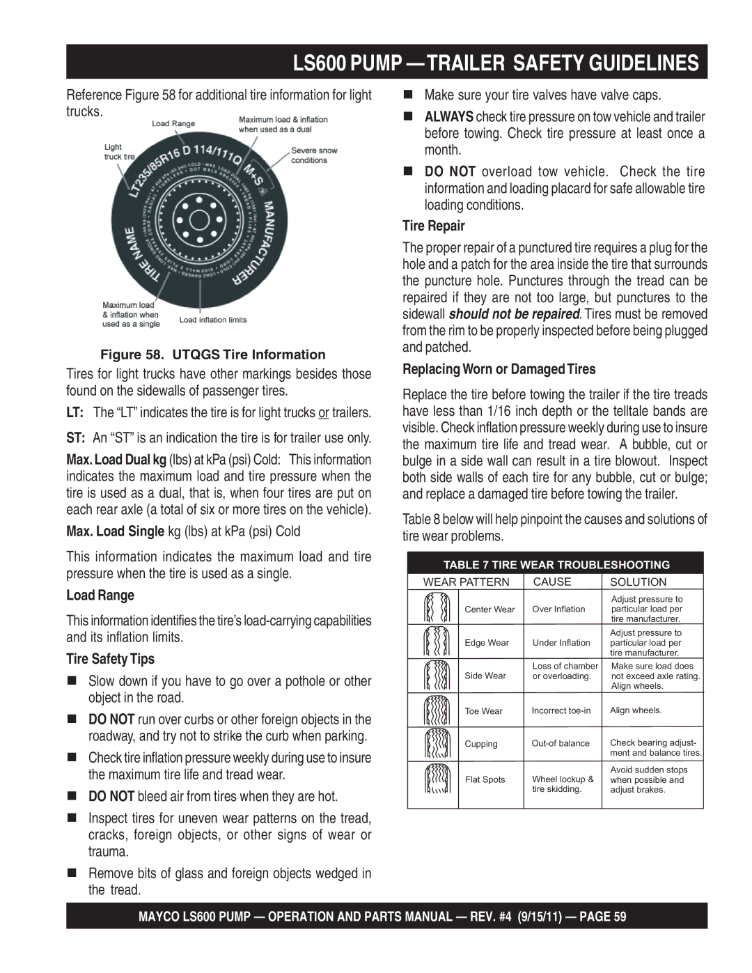 Multiquip LS600 manual Tire Repair, Replacing Worn or Damaged Tires, Load Range, Tire Safety Tips 