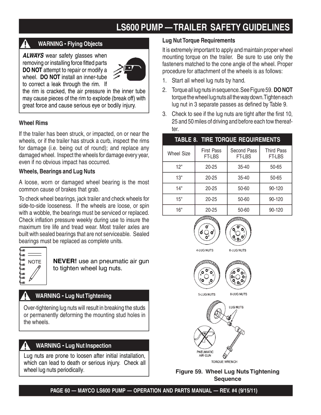 Multiquip LS600 Wheel Rims, Wheels, Bearings and Lug Nuts, Lug Nut Torque Requirements, Start all wheel lug nuts by hand 