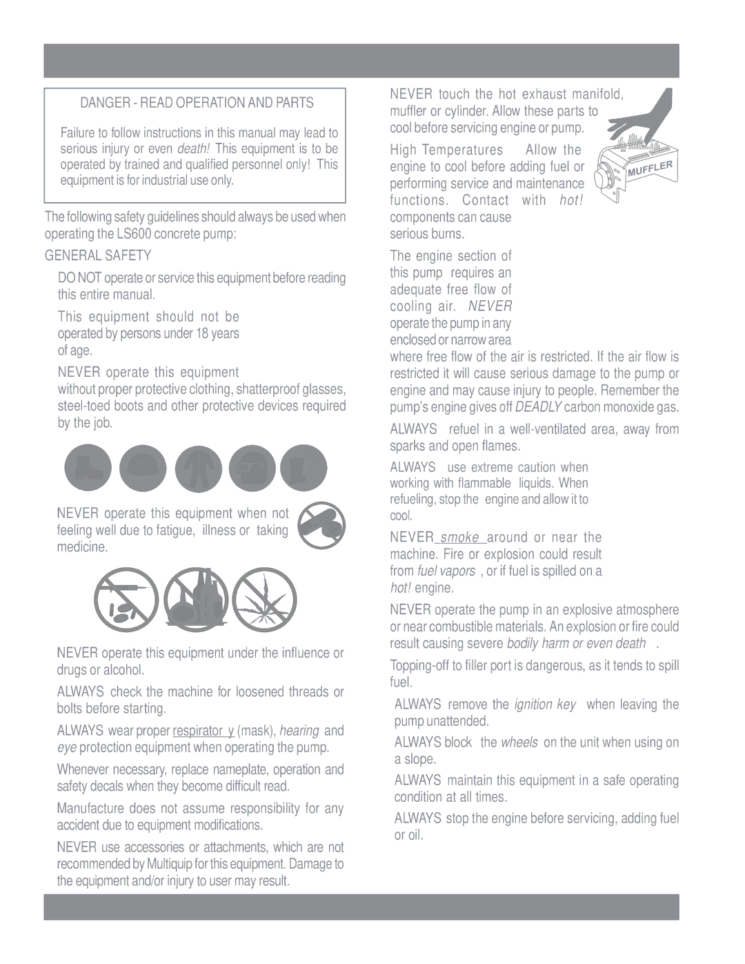 Multiquip manual LS600 Pump Rules for Safe Operation, General Safety, Serious burns 