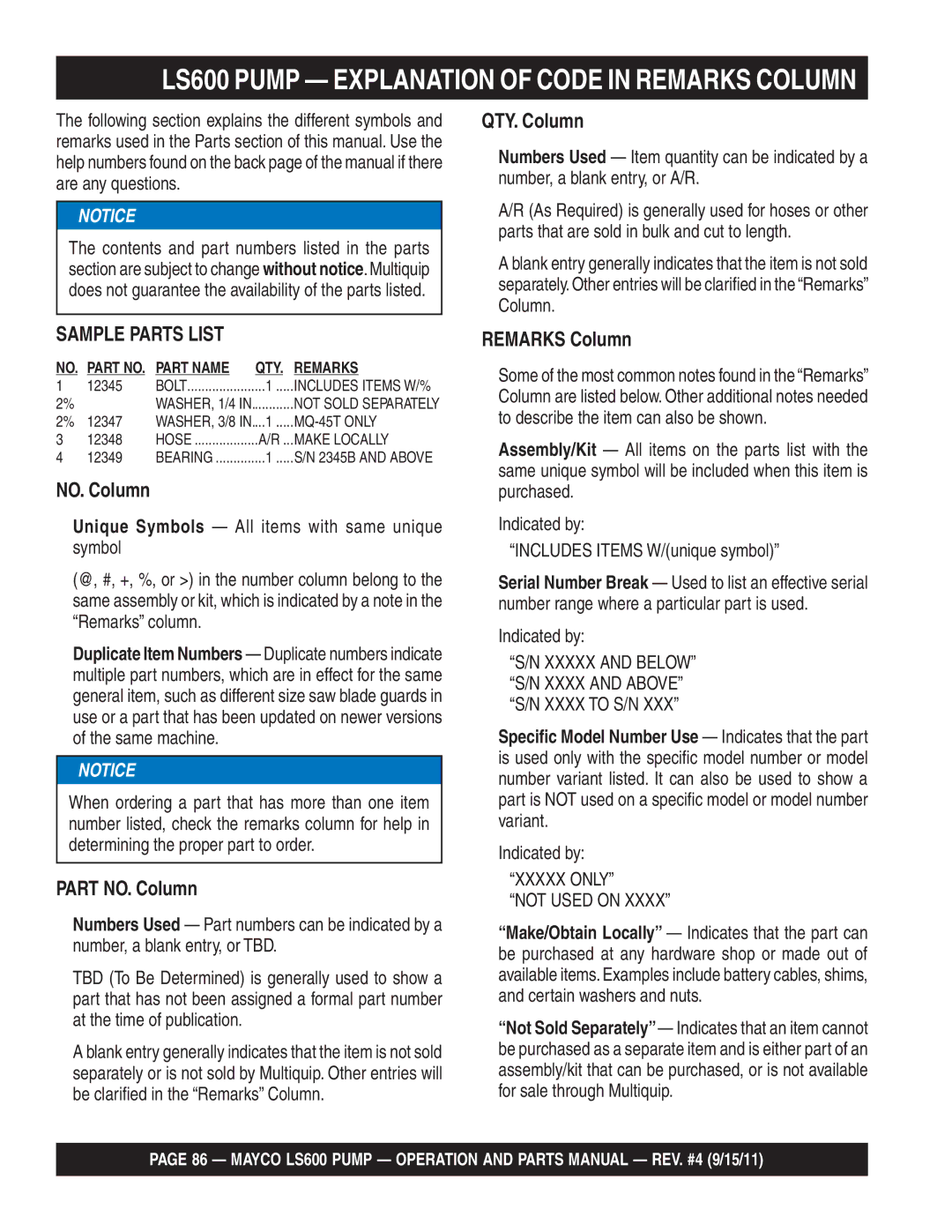 Multiquip manual LS600 Pump Explanation of Code in Remarks Column, Xxxxx only Not Used on 