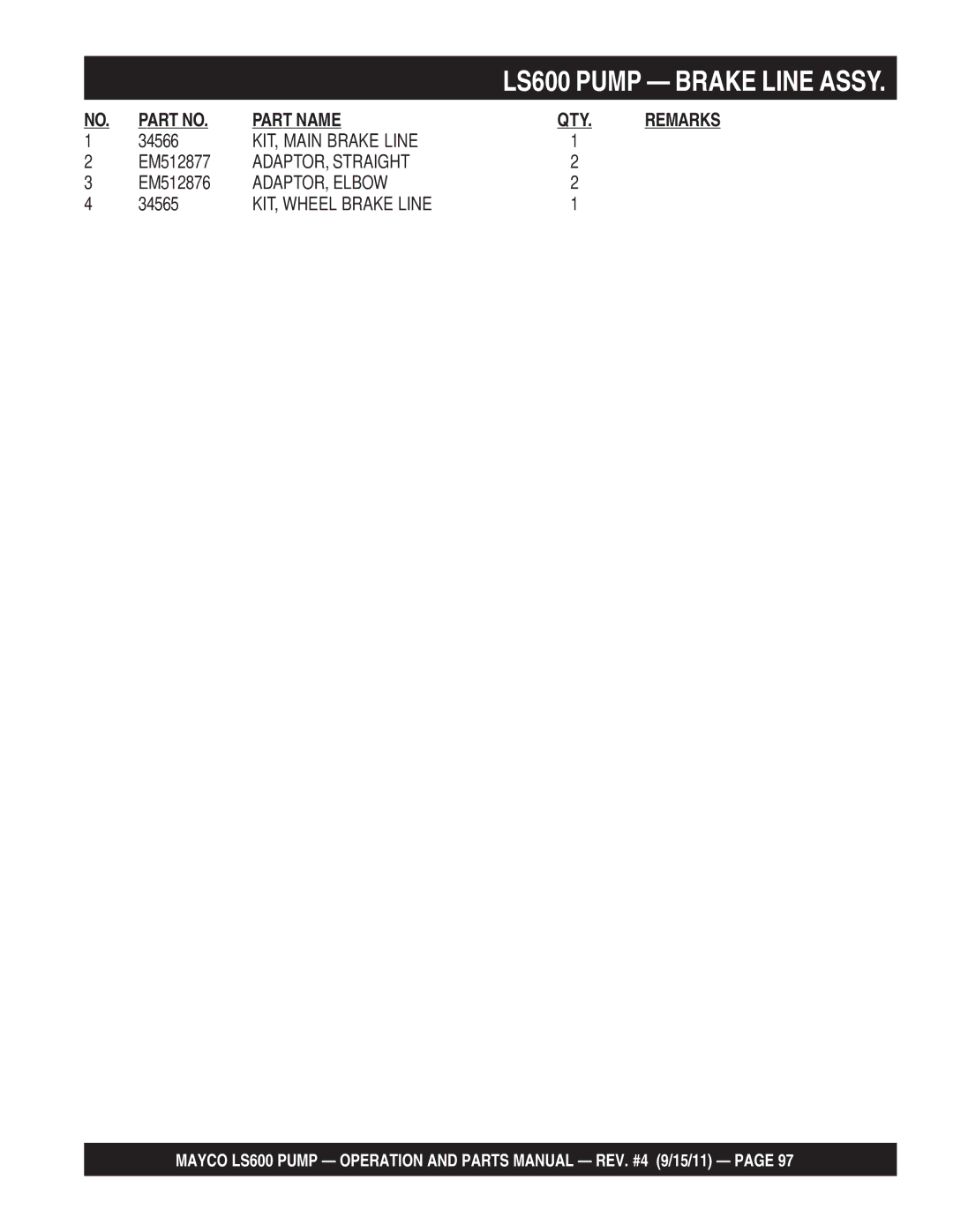 Multiquip LS600 manual KIT, Main Brake Line 