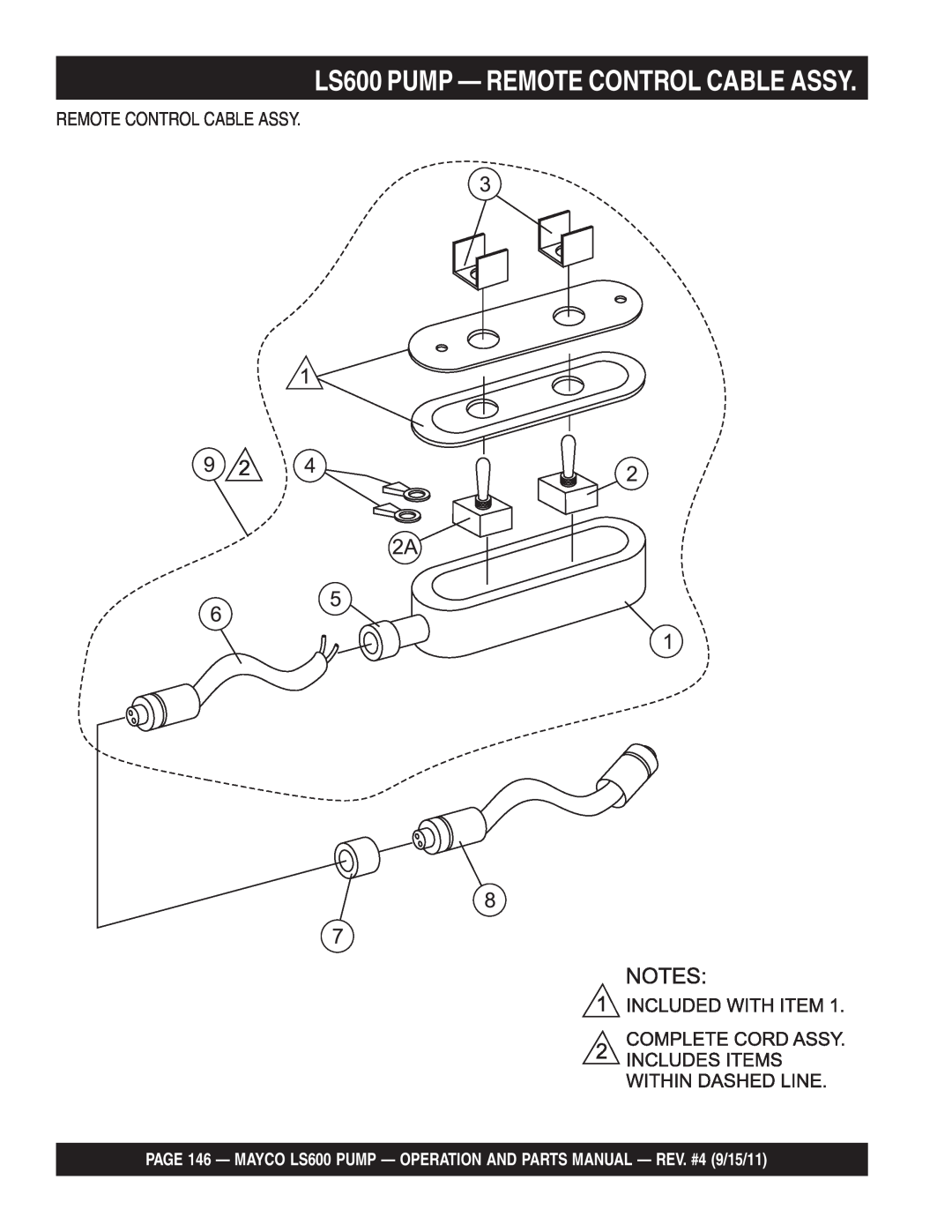 Multiquip manual LS600 PUMP — REMOTE CONTROL CABLE ASSY, Remote Control Cable Assy 