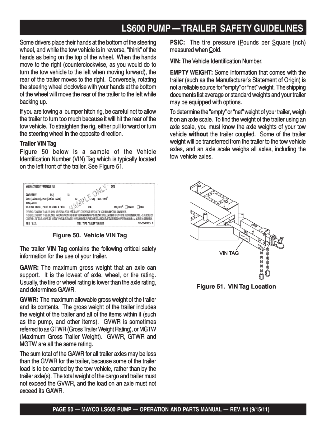 Multiquip manual LS600 PUMP —TRAILERSAFETY GUIDELINES, Trailer VIN Tag 