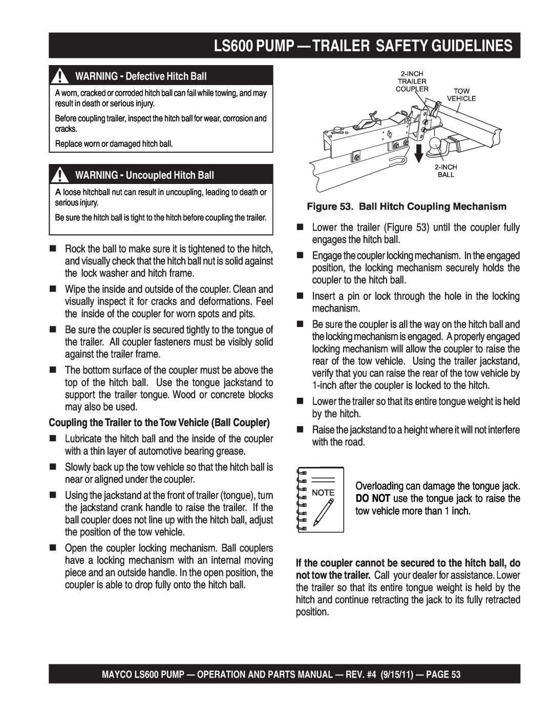 Multiquip manual LS600 PUMP —TRAILERSAFETY GUIDELINES, WARNING - Defective Hitch Ball, WARNING - Uncoupled Hitch Ball 