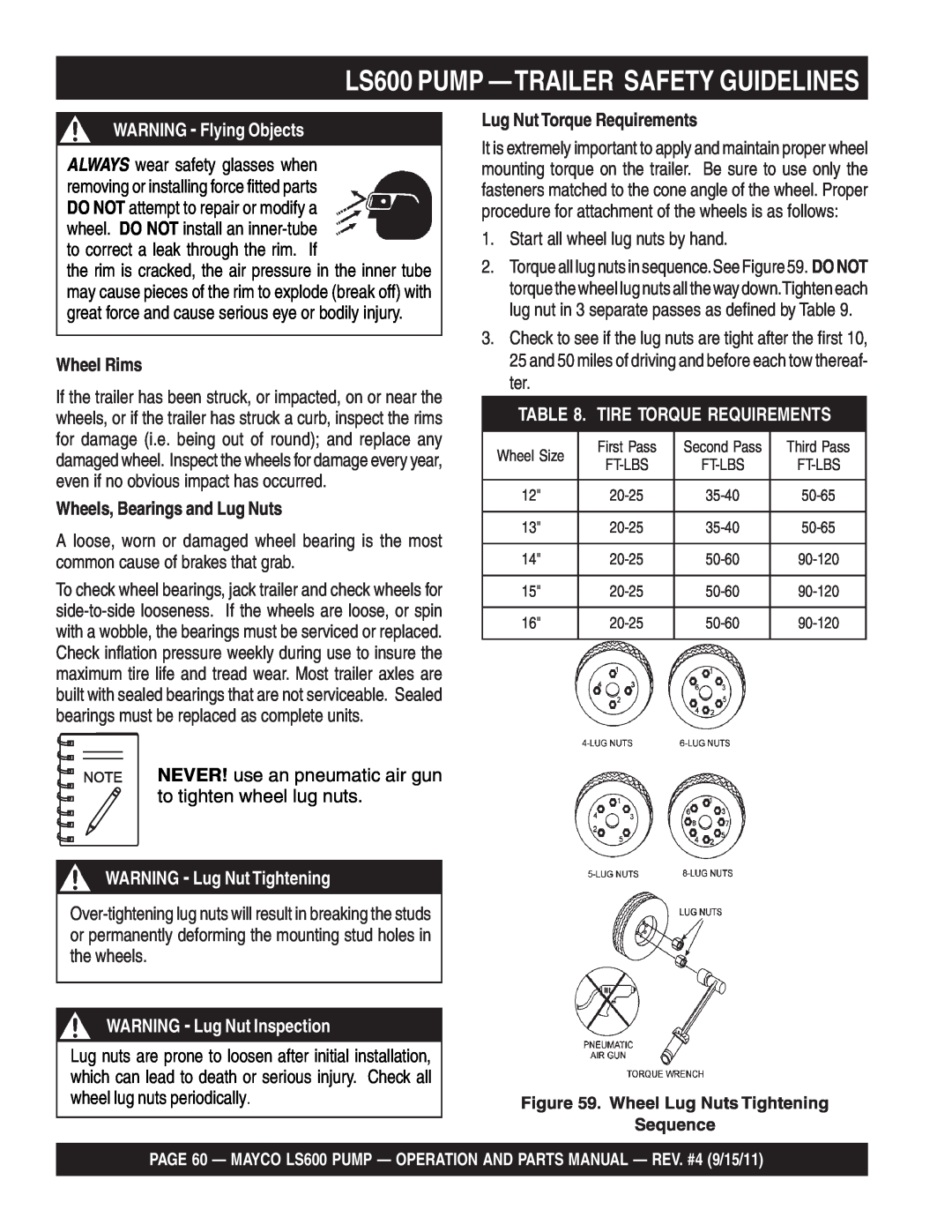 Multiquip LS600 PUMP —TRAILERSAFETY GUIDELINES, WARNING - Flying Objects, Wheel Rims, Wheels, Bearings and Lug Nuts 