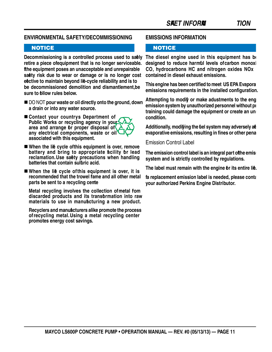 Multiquip LS600P operation manual ENviRONMeNTaL SafeTY/DeCOMMiSSiONiNg, EMiSSiONS iNfORMaTiON, Emission Control Label 