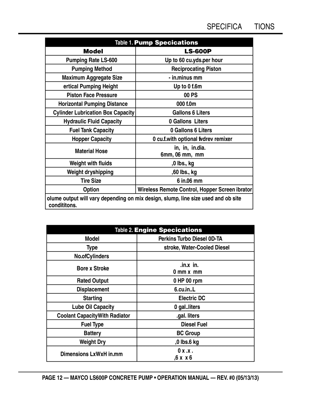 Multiquip LS600P operation manual Specifications, Condititons 