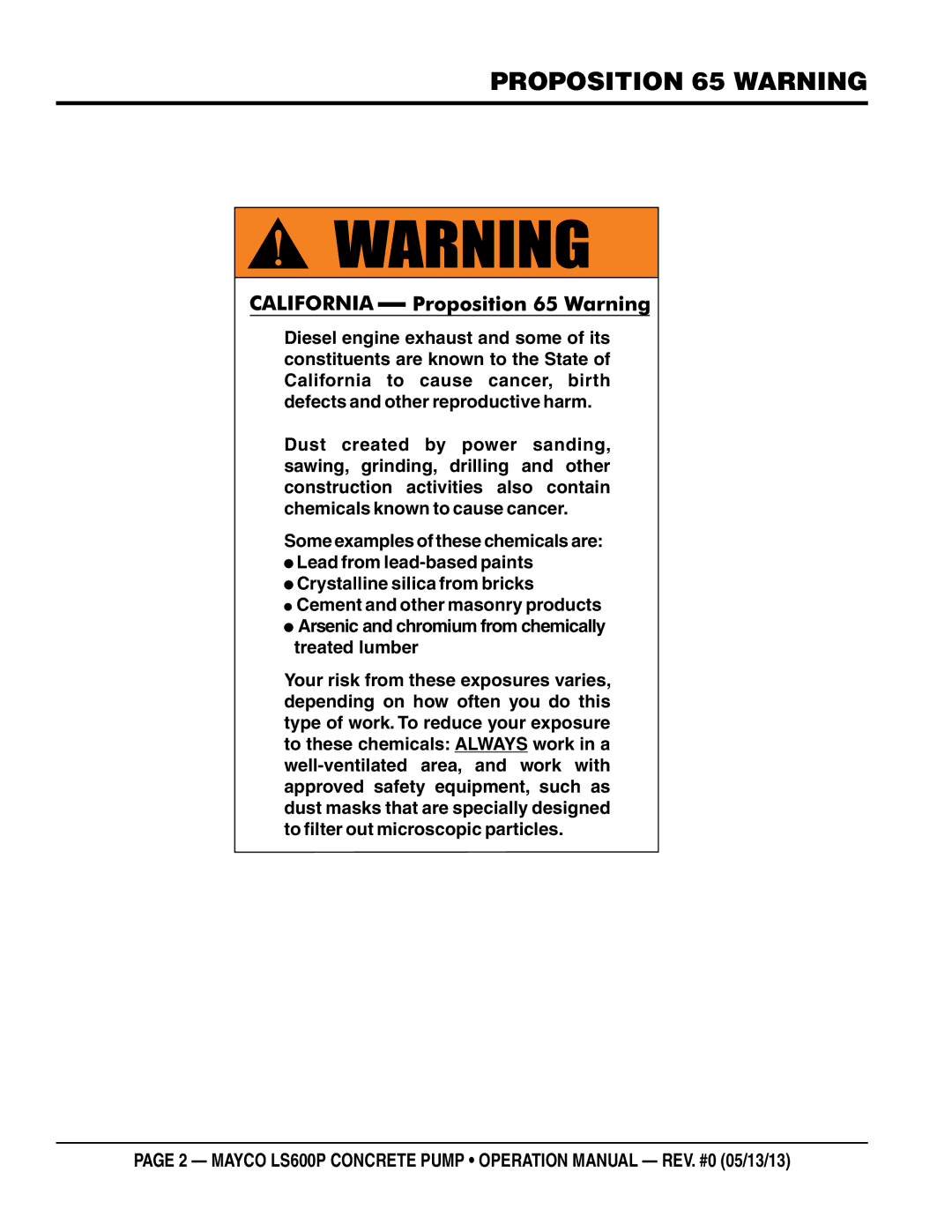 Multiquip LS600P operation manual Proposition 65 warning 